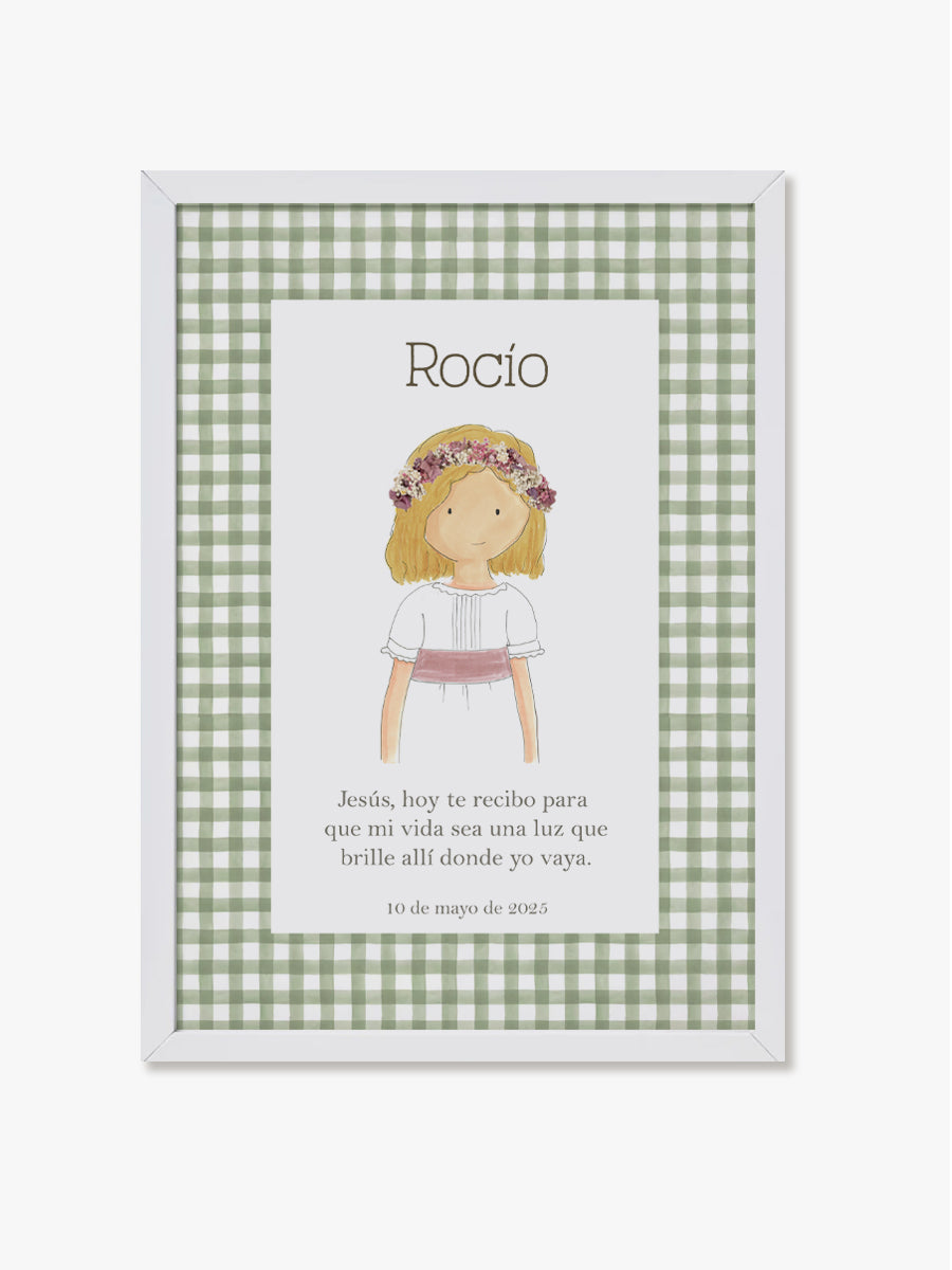 Cuadro Madera Blanco Comunión Vichy Verde