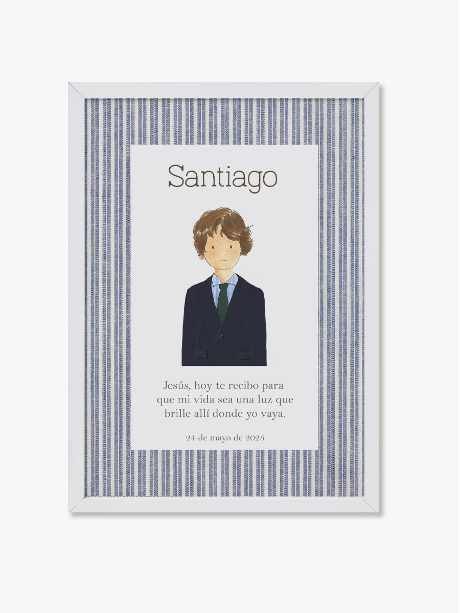 Cuadro Madera Blanco Comunión Raya Azul