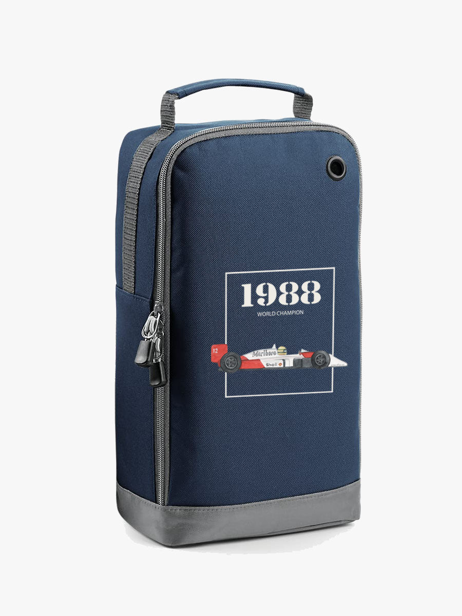 bolsa de zapatillas de color azul con diseño coche senna