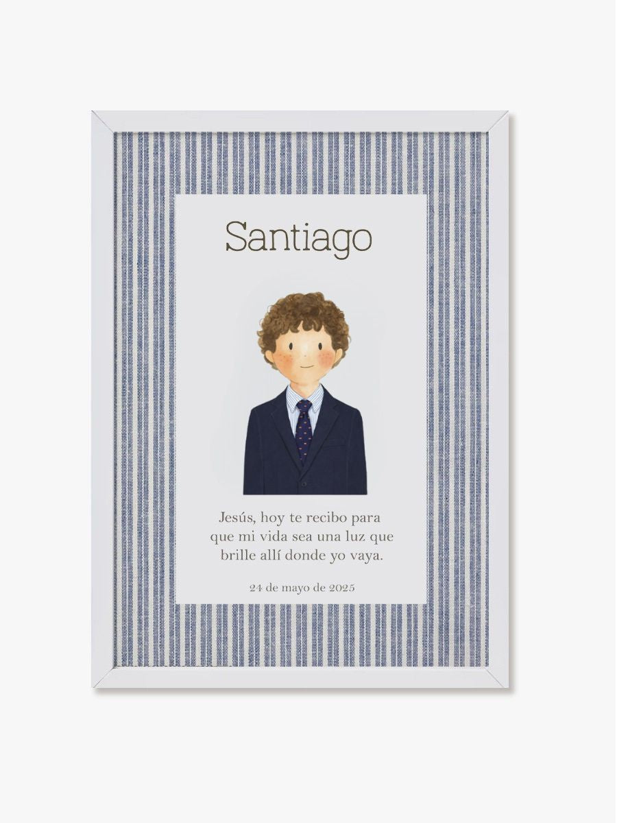 Cuadro Comunión Raya Azul marco madera blanco. Personalizable con fecha y nombre.