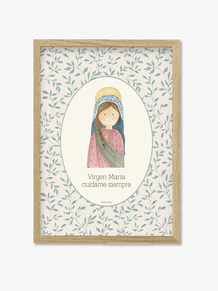 Cuadro Virgen Rama Azul con marco de madera natural para Primera Comunión