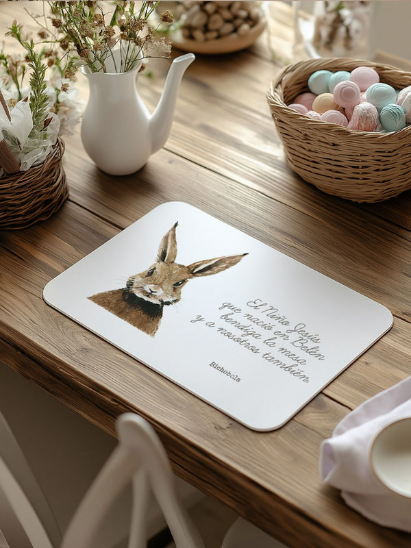 Mantel individual antimanchas con diseño conejo y bendición para niños