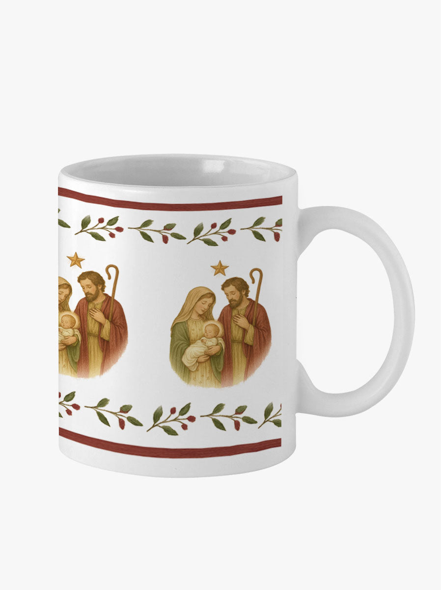 Taza de loza navideña con diseño de sagrada familia - cerámica esmaltada
