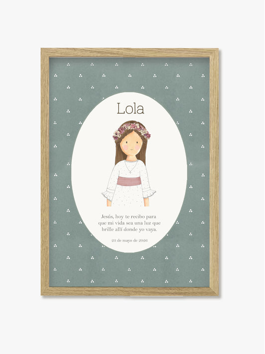 Cuadro Madera Comunión Motas Verde Agua