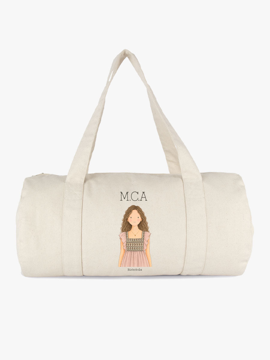bolsa cilíndrica de color natural personalizada con las iniciales
