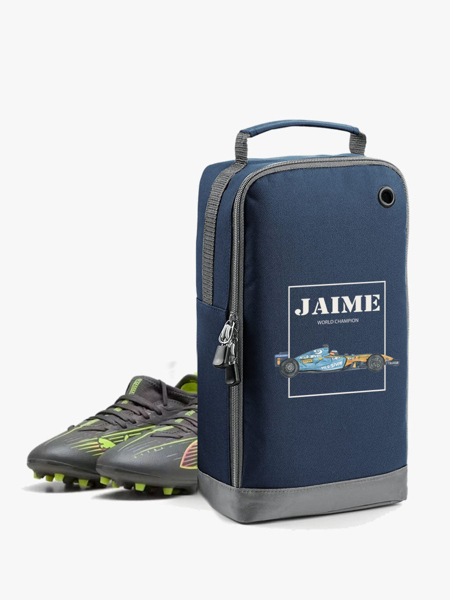 bolsa de zapatillas de color azul con diseño coche alonso personalizado con el nombre
