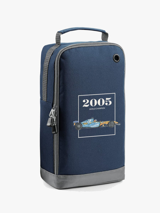 bolsa de zapatillas de color azul con diseño coche alonso 