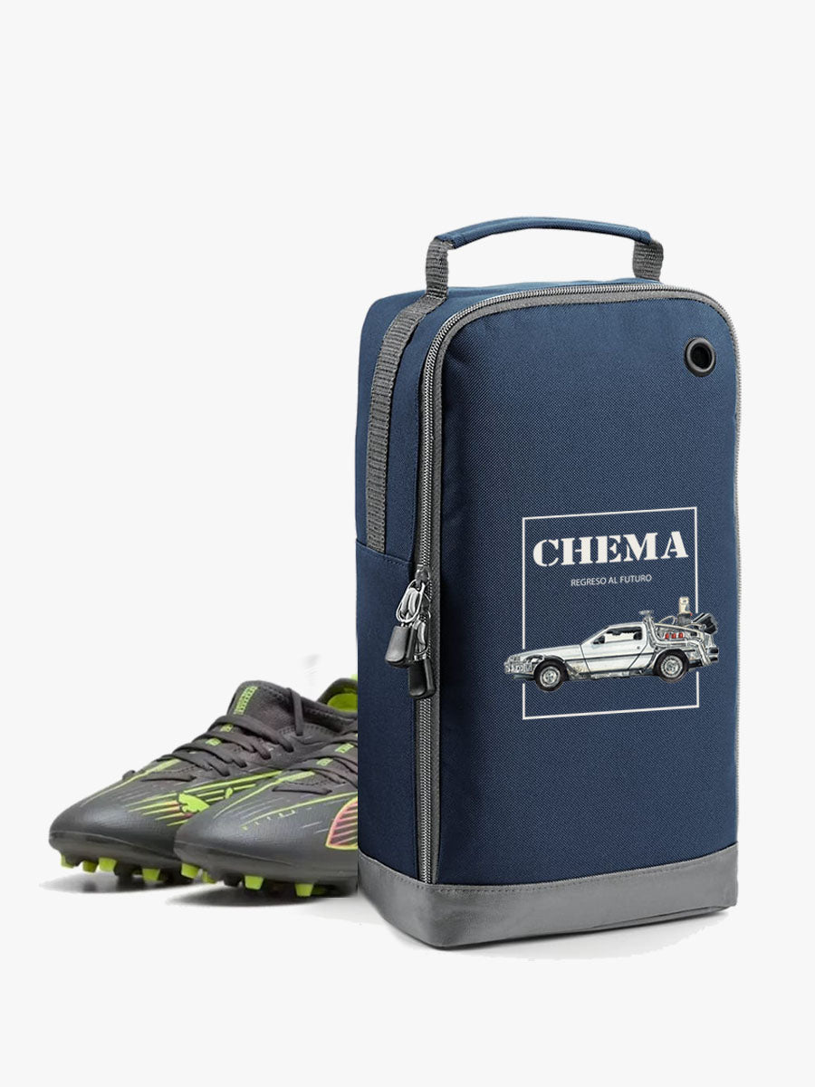 bolsa de zapatillas de color azul con diseño coches delorean personalizado con el nombre