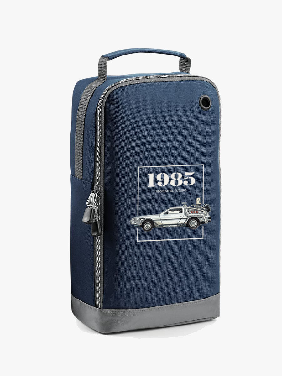 bolsa de zapatillas de color azul con diseño coche delorean