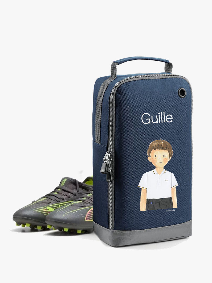 bolsa de zapatillas de color azul con diseño colegio san josé de cluney personalizado con el nombre