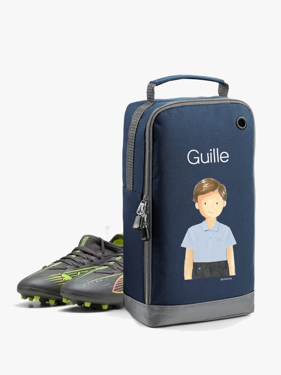 bolsa de zapatillas de color azul con diseño uniforme colegios fomento personalizado con el nombre