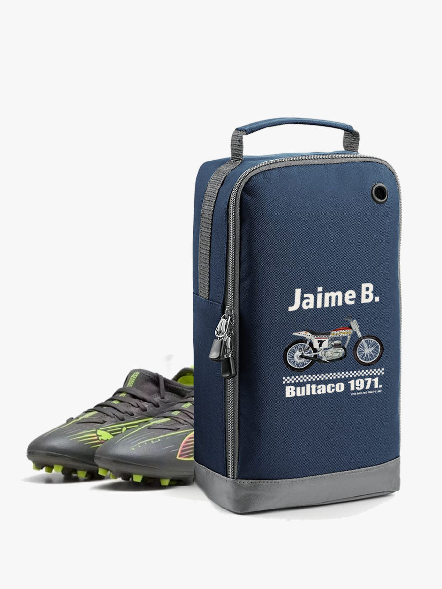 bolsa de zapatillas de color azul con diseño moto bultaco personalizada
