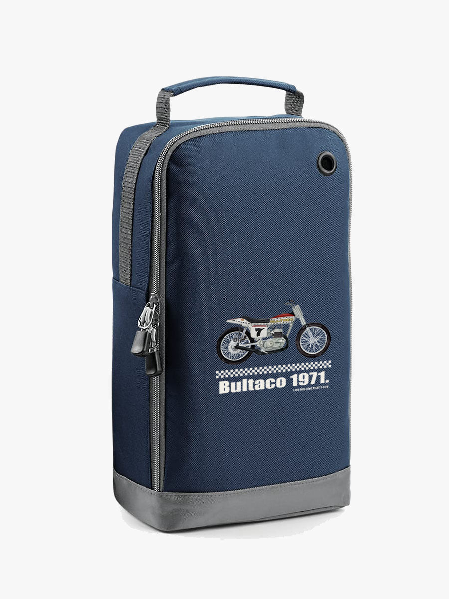 bolsa de zapatillas de color azul con diseño moto bultaco 
