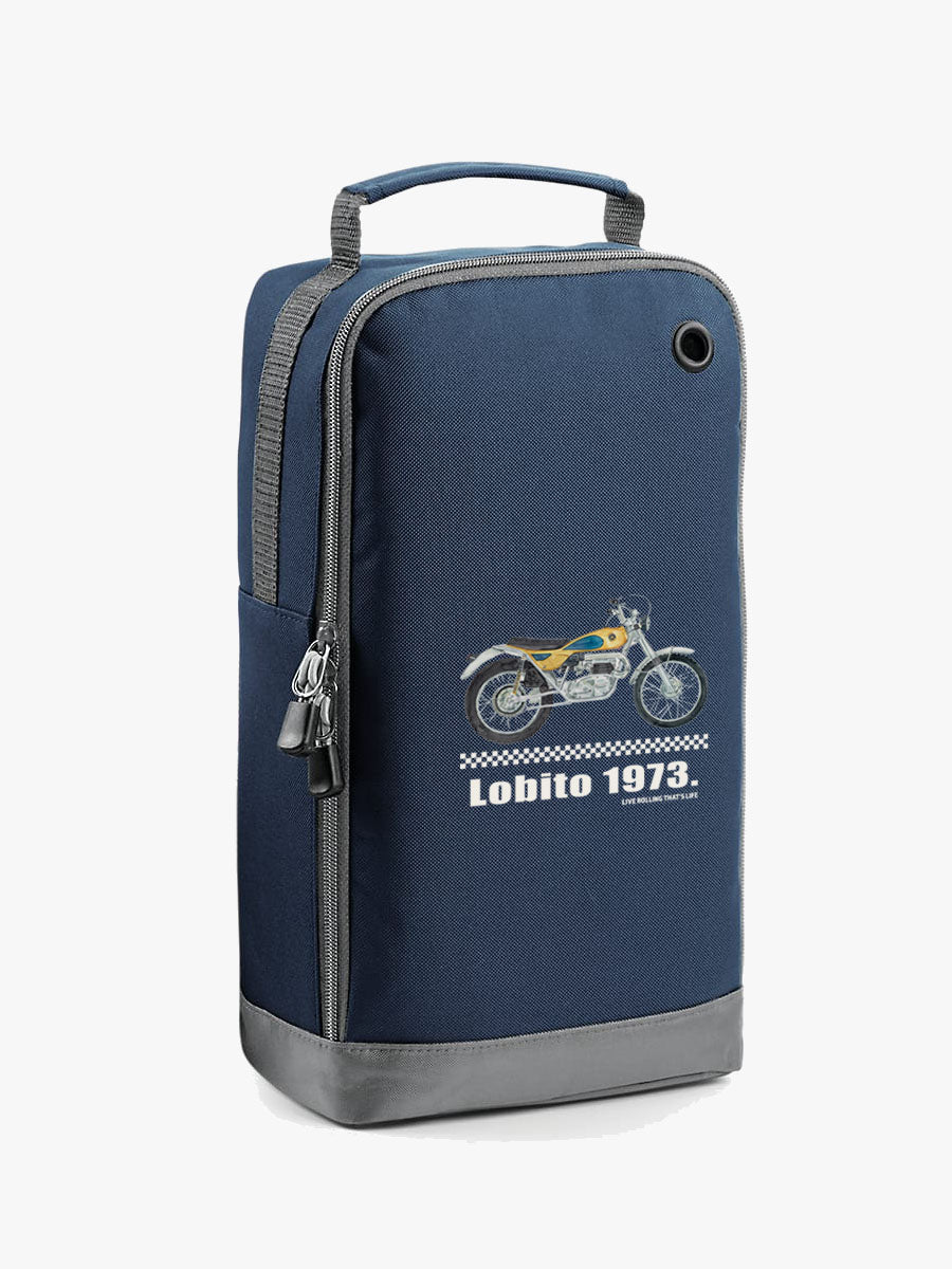 bolsa de zapatillas de color azul con diseño moto lobito