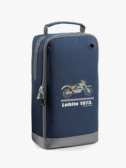 bolsa de zapatillas de color azul con diseño moto lobito