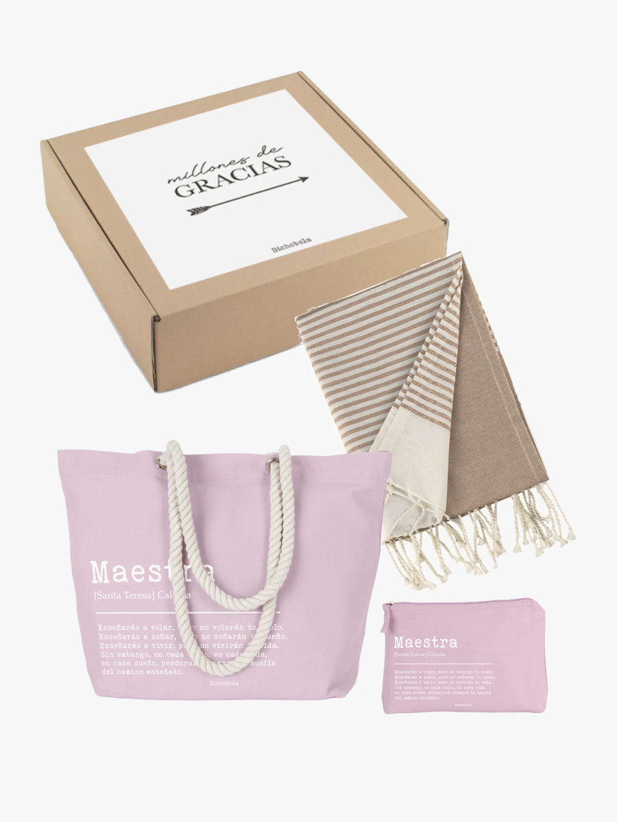 caja regalo maestro con bolsa y neceser color malva y pareo