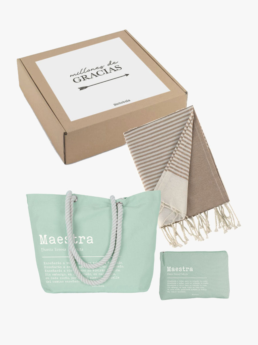 caja regalo maestro con bolsa y neceser de color verde agua y pareo
