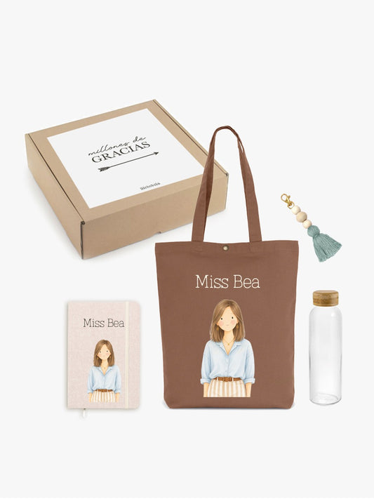 Caja regalo personalizada para profesora con bolsa tote bag de color caldero, agenda y botella reutilizable