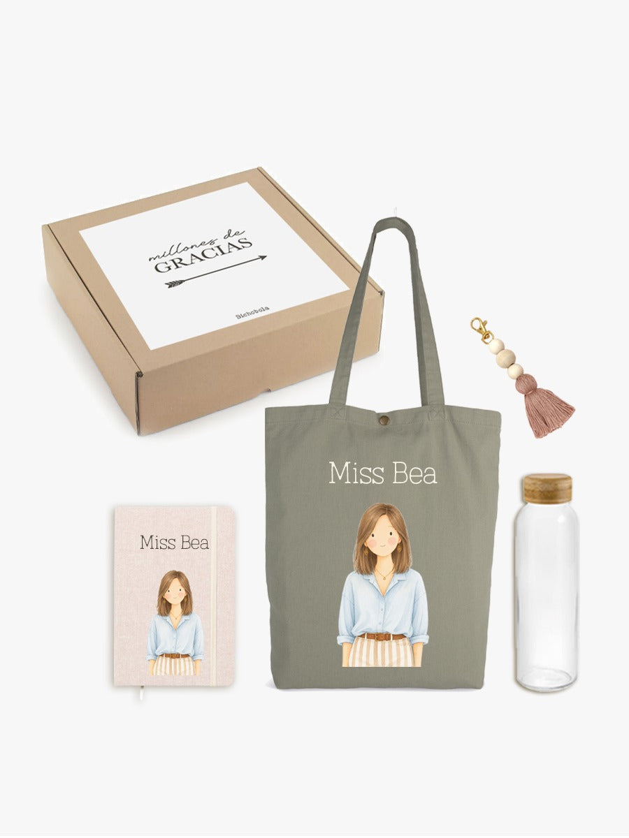 Caja regalo personalizada para profesora con bolsa tote bag de color aloe, agenda y botella reutilizable
