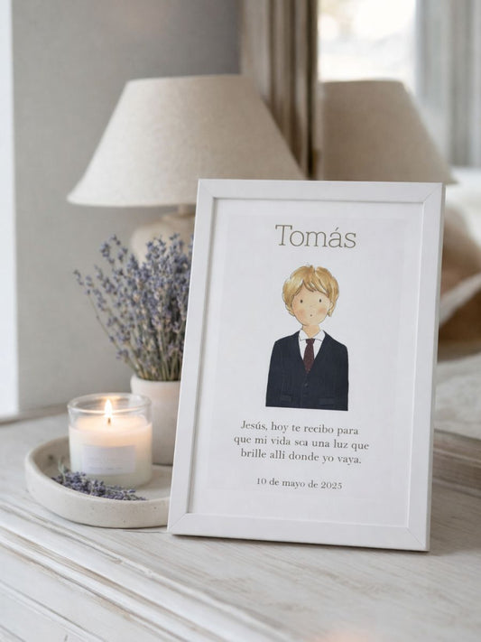 Cuadro Madera Sencillo para Primera Comunión niño marco blanco. Personalizable con nombre y fecha.