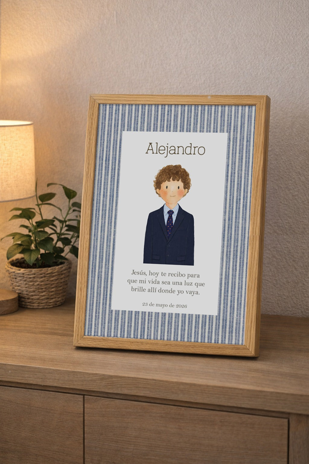 Cuadro Comunión Raya Azul marco madera natural para niño. Personalizable con nombre y fecha.