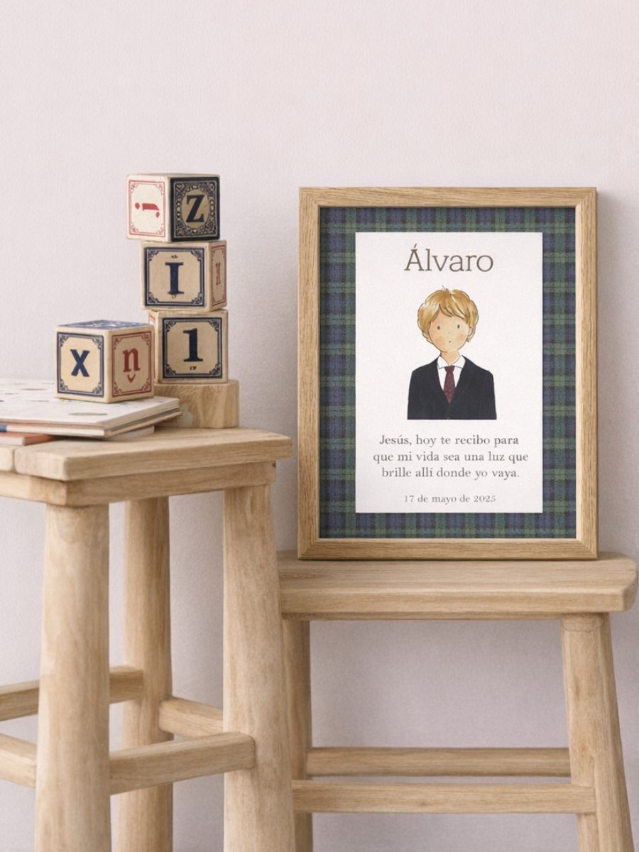 Cuadro Comunión Escocés marco madera natural para niño