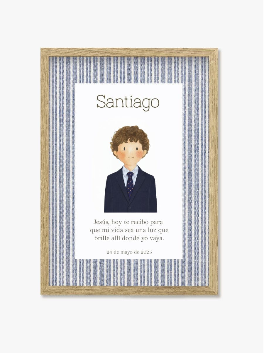 Cuadro Comunión Raya Azul detalle marco madera natural