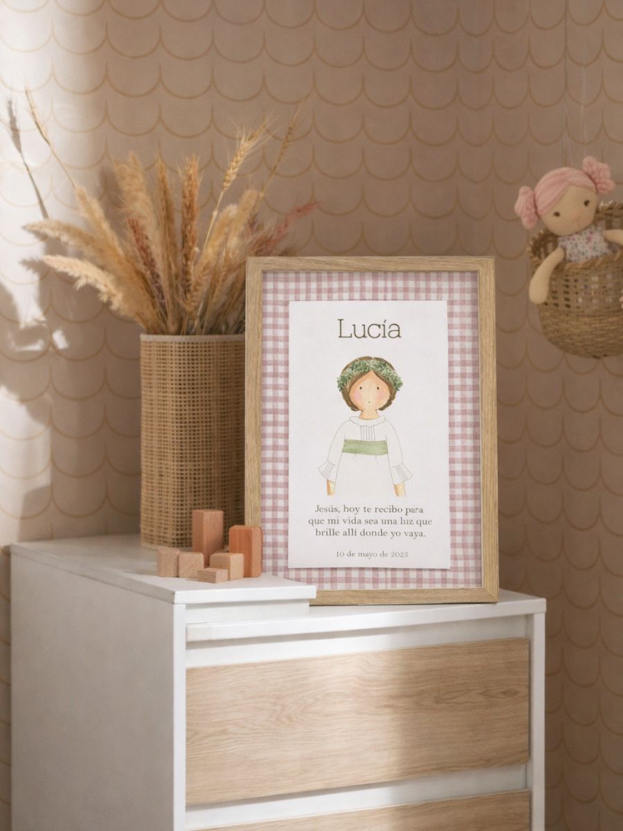 Cuadro Comunión Vichy Rosa marco madera natural para niña