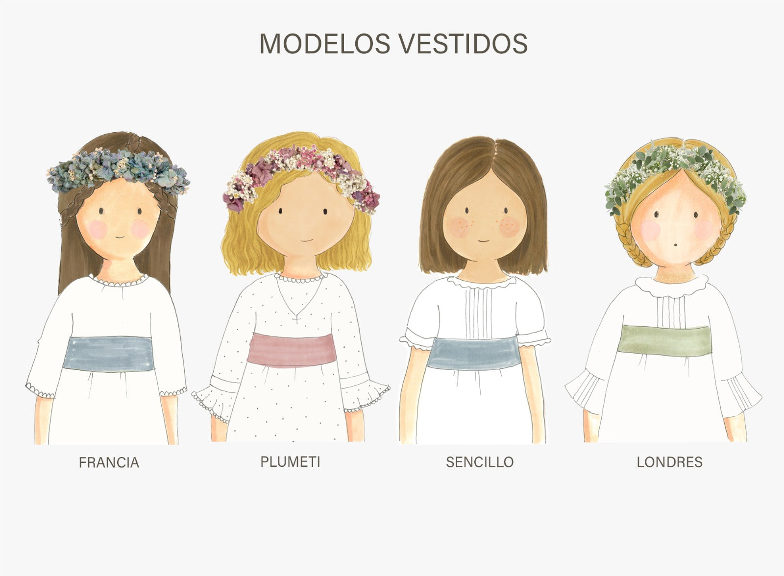Modelos vestidos de Primera Comunión con cuadro personalizable