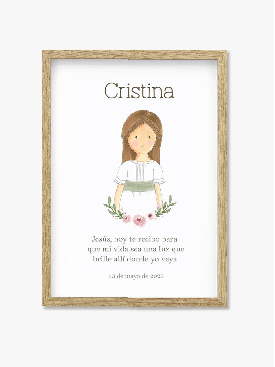 Cuadro Comunión Sencillo Niña marco madera natural. Personalizable con nombrey fecha