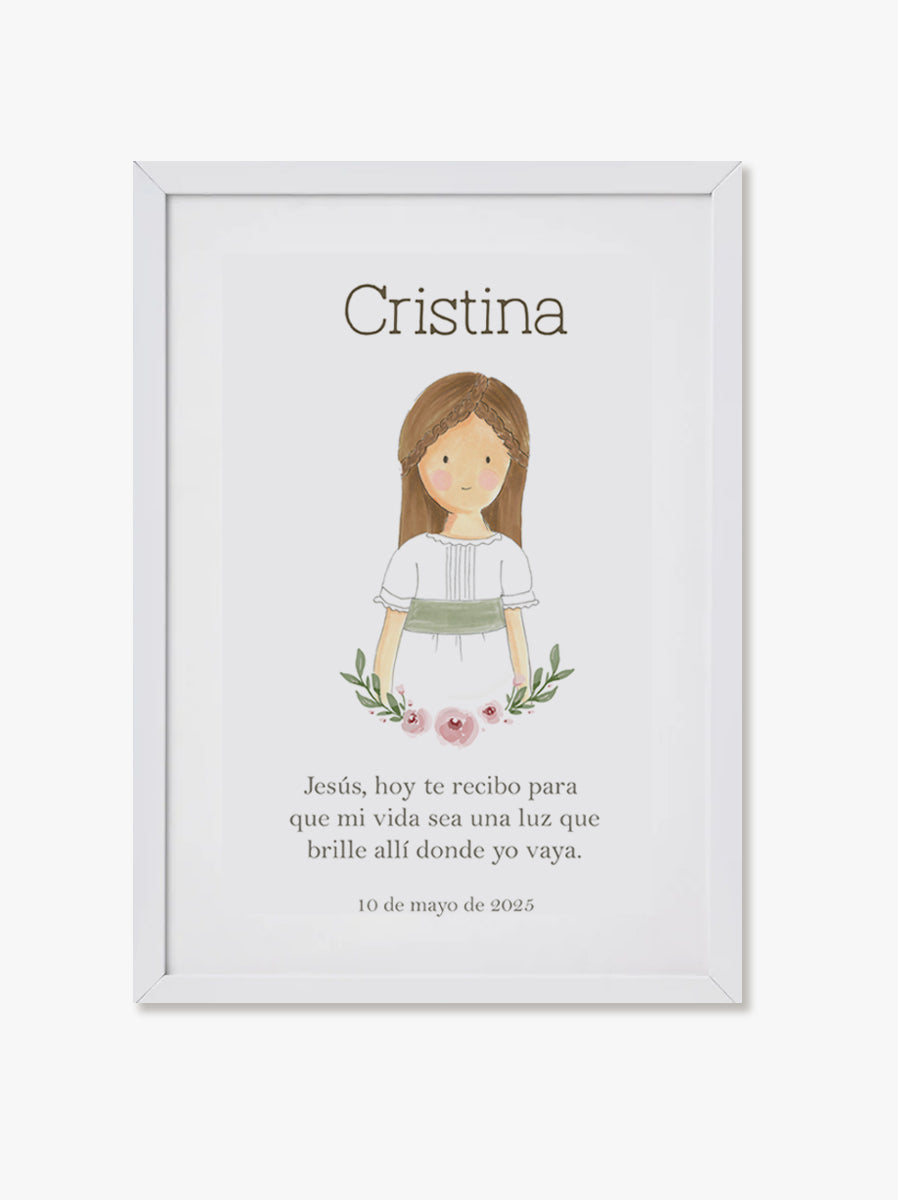 Cuadro Comunión Sencillo Niña marco madera blanco. Personalizable con fecha y nombre