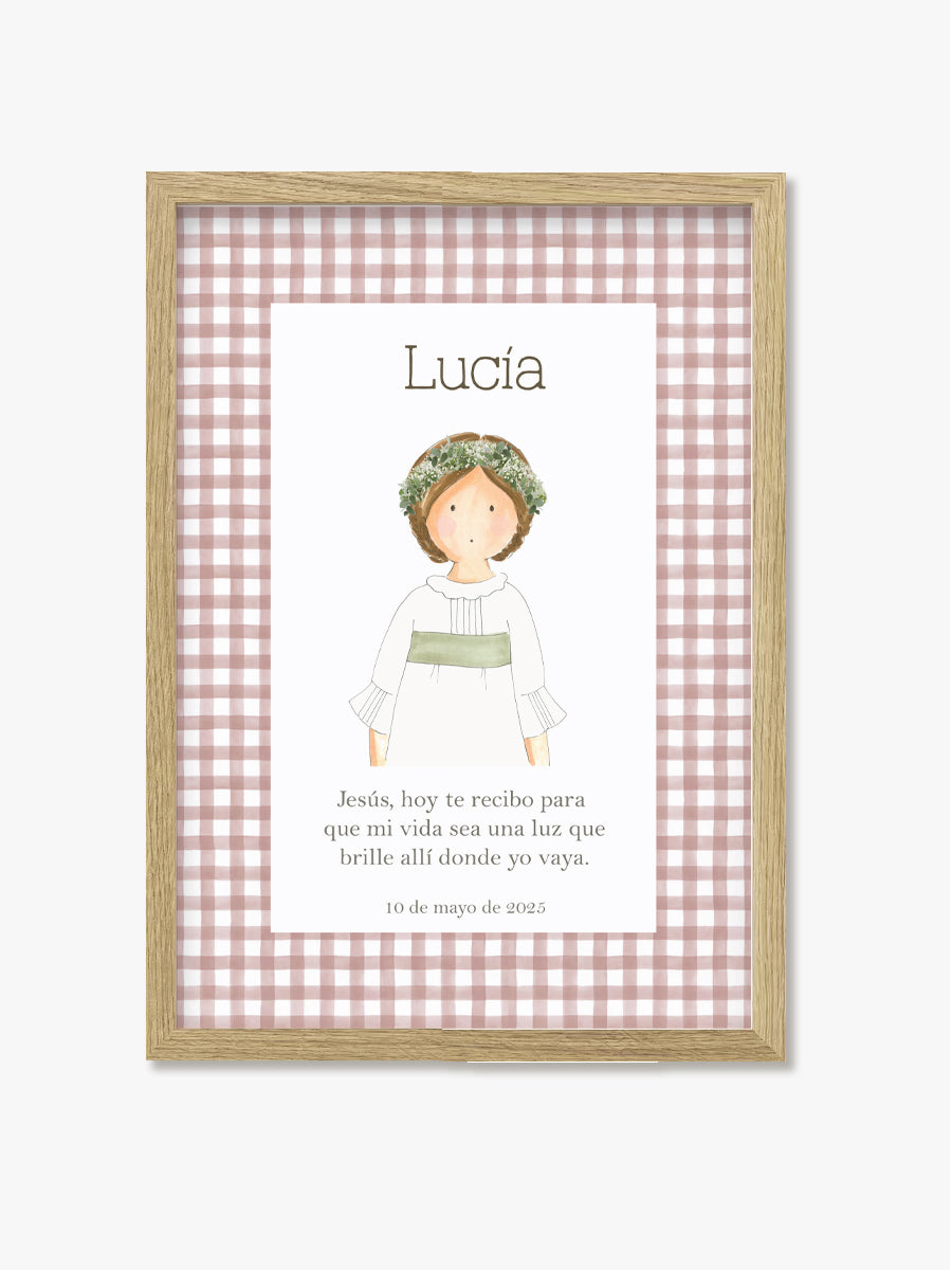 Cuadro Comunión Vichy Rosa marco madera natural. Personalizable con nombre y fecha