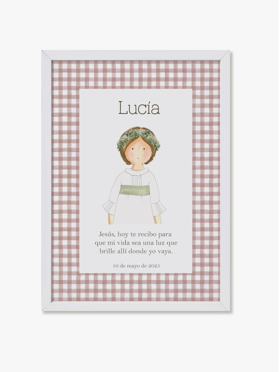 Cuadro Comunión Vichy Rosa marco madera blanco. Personalizable con fecha y nombre