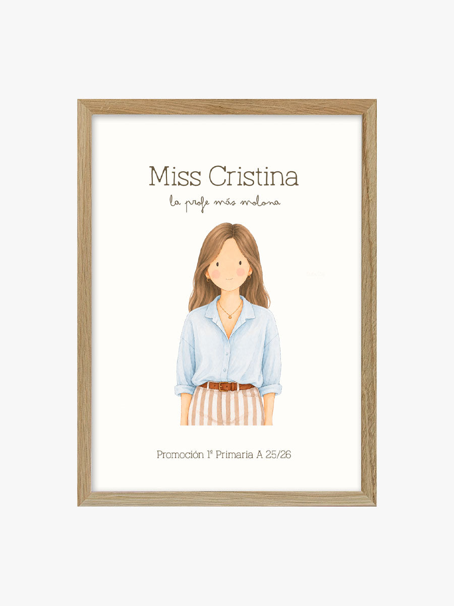 cuadro de madera natural diseño profesora personalizado con el nombre 
