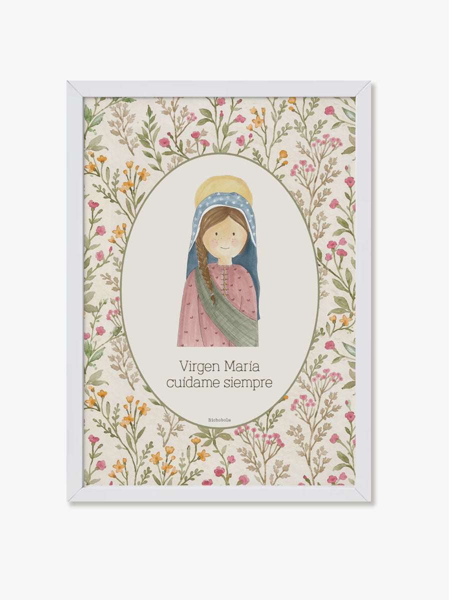 Cuadro Virgen Primavera con marco blanco para Primera Comunión
