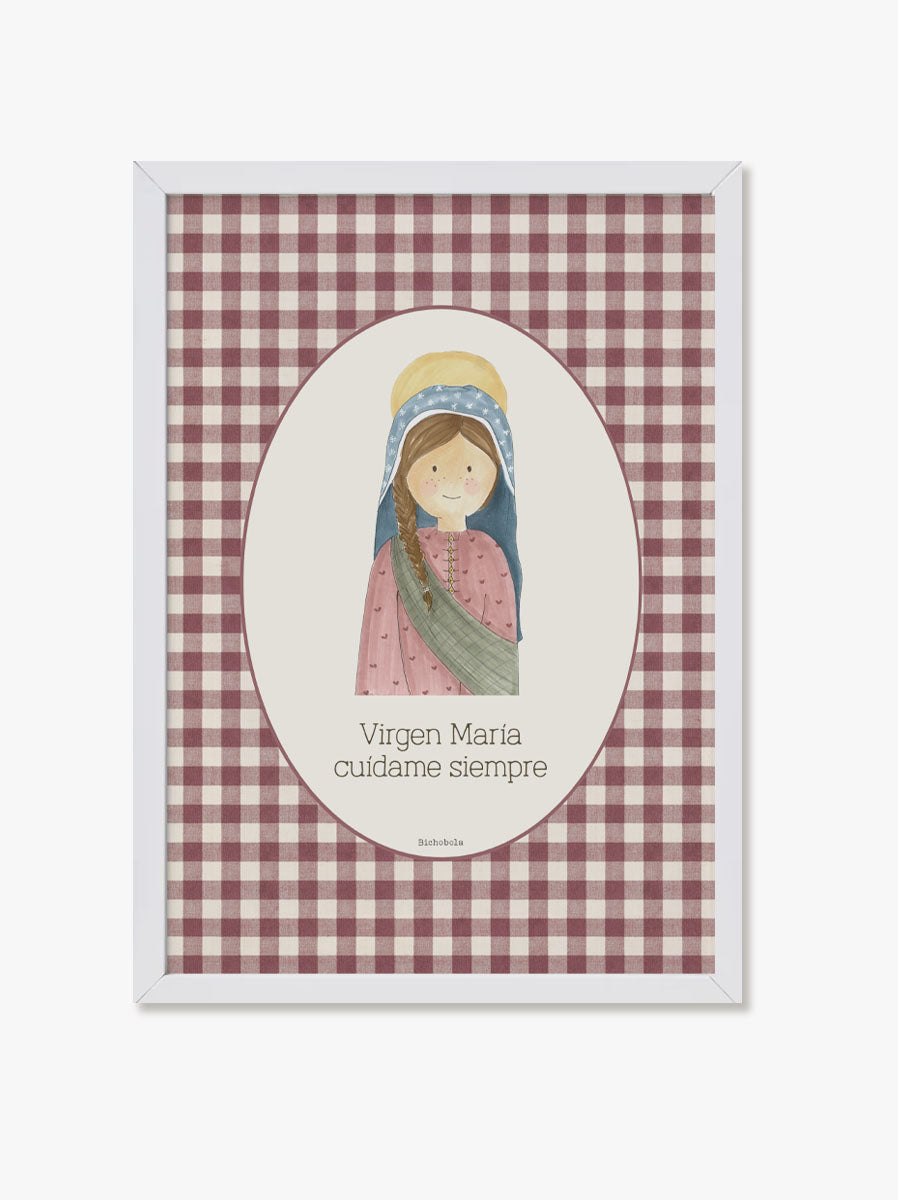 Cuadro Virgen Vichy Burdeos con marco blanco para Primera Comunión