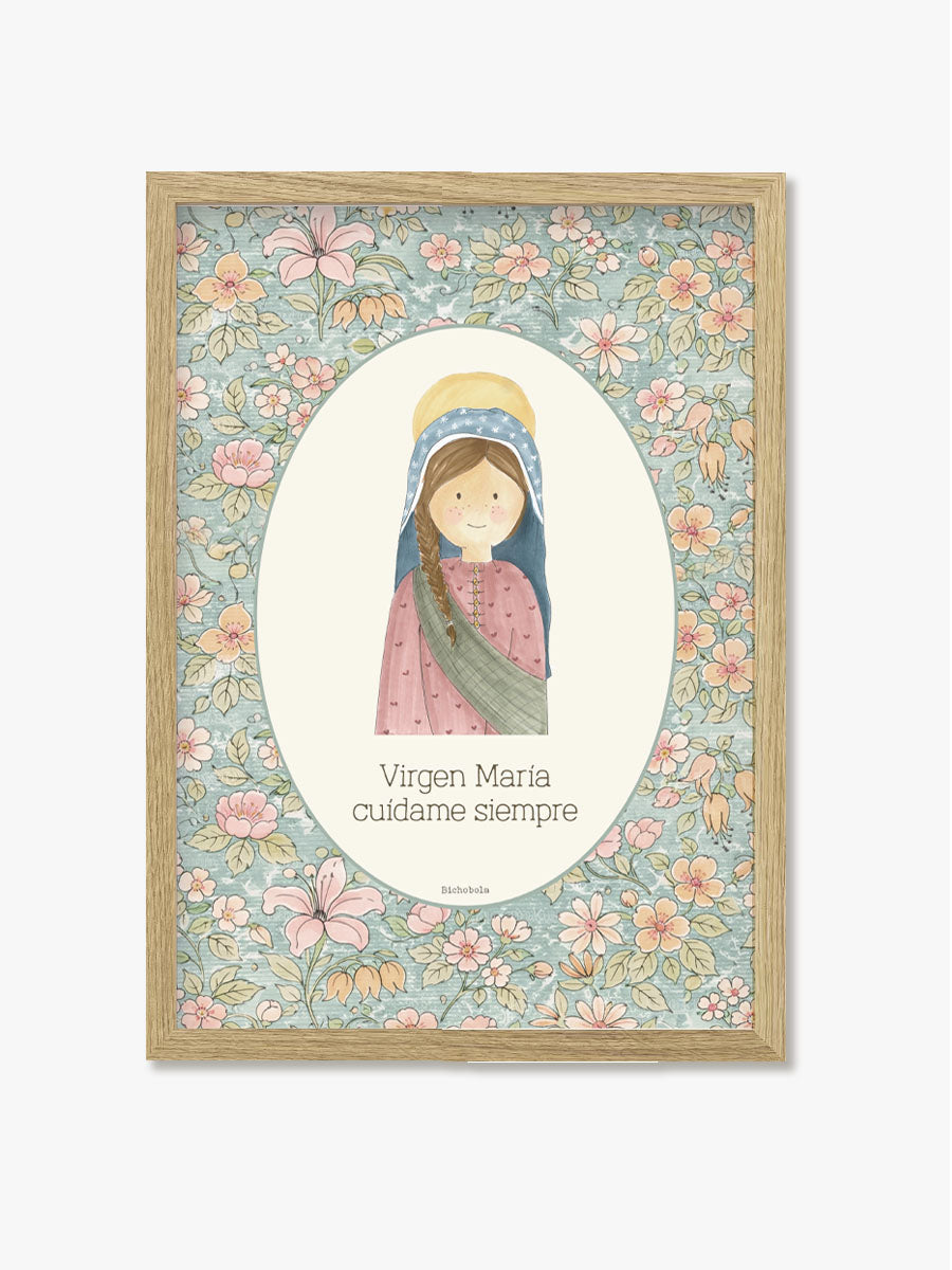 Cuadro Virgen Jardín con marco de madera natural para Primera Comunión