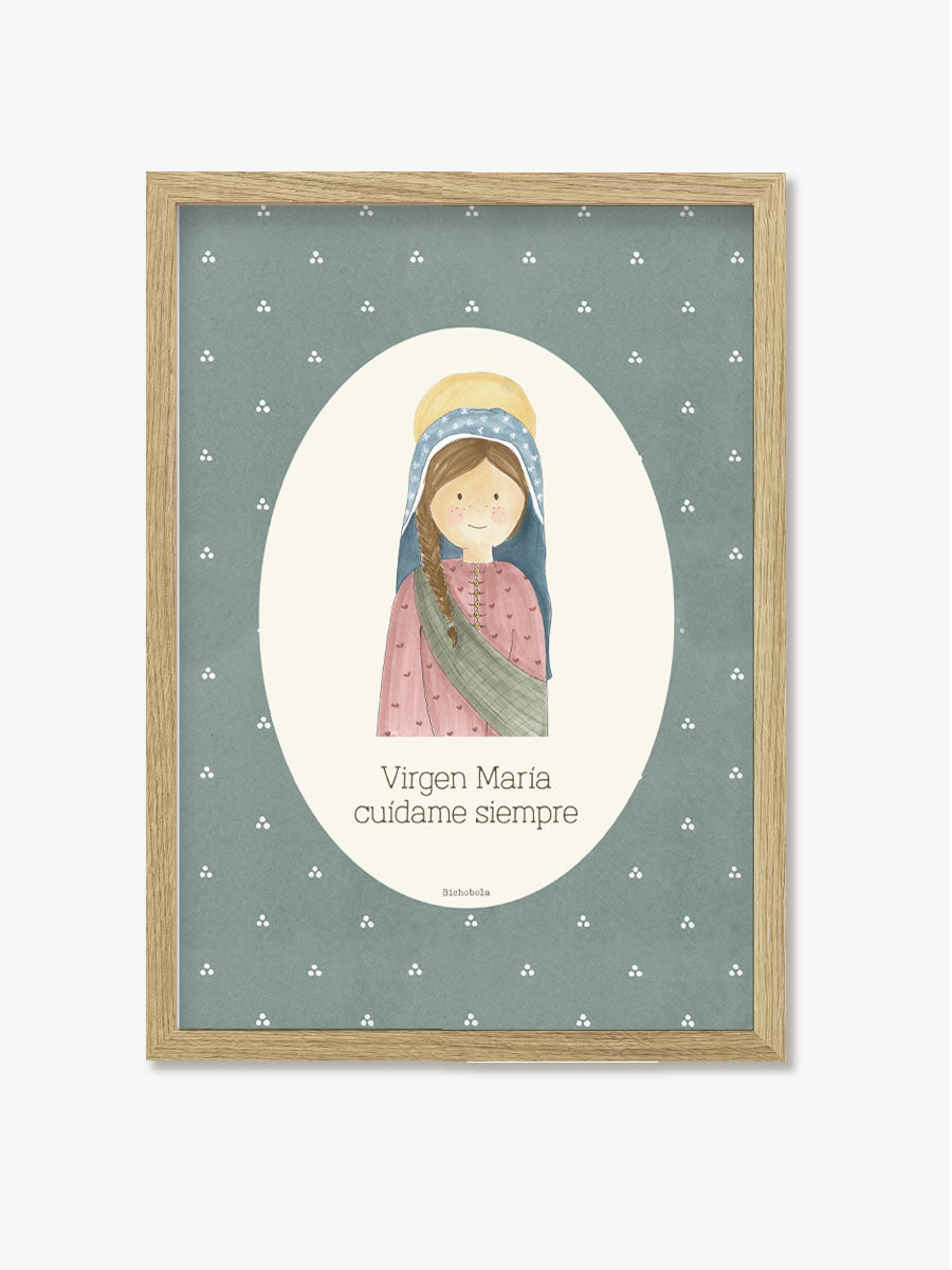 Cuadro Virgen Motas Verde con marco de madera natural para Primera Comunión