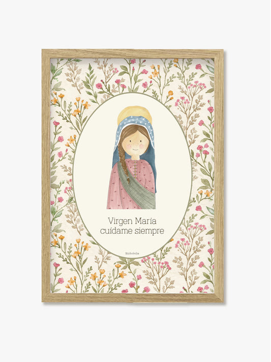Cuadro Virgen Primavera con marco blanco para Primera Comunión
