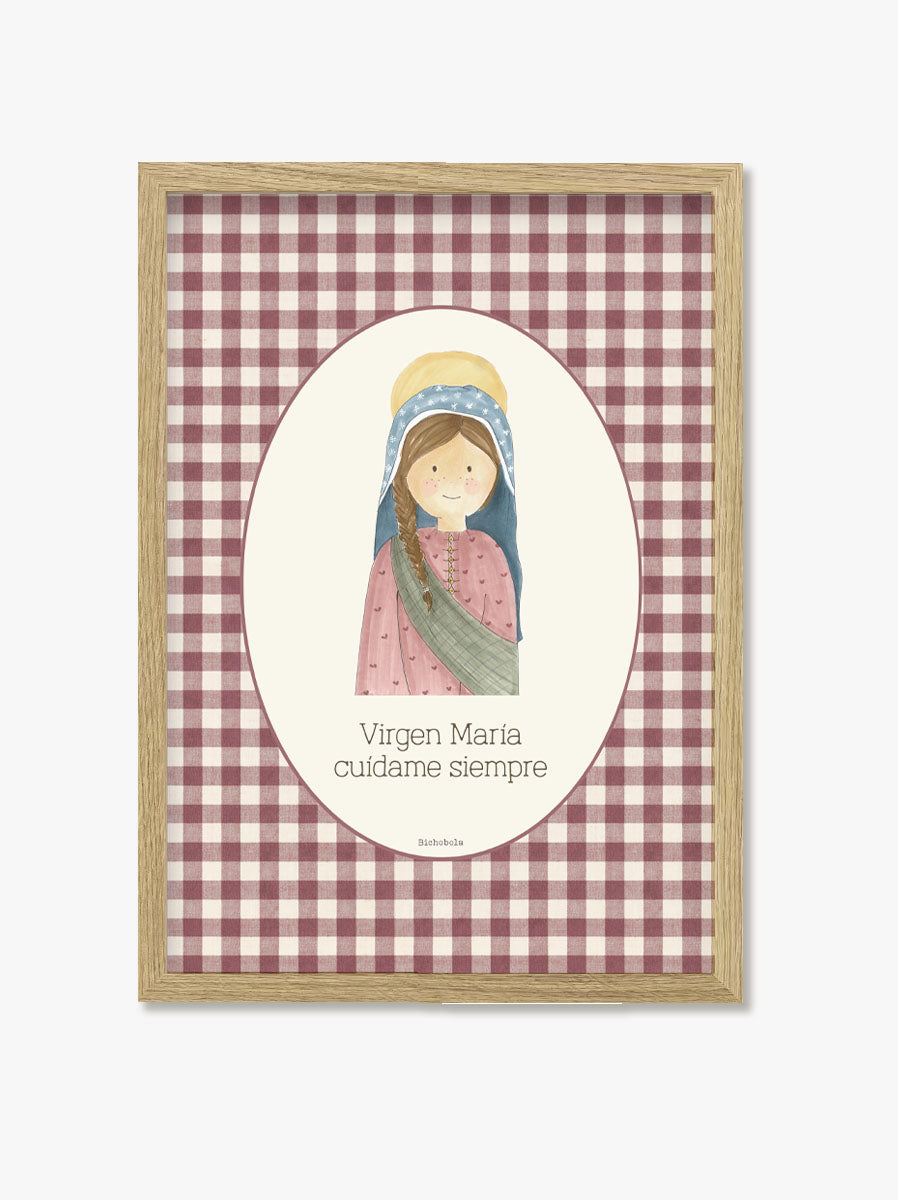 Cuadro Virgen Vichy Burdeos con marco blanco para Primera Comunión