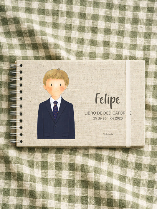  Libro de dedicatorias Primera Comunión personalizado con nombre Felipe, ilustración niño rubio, imagen de ambiente