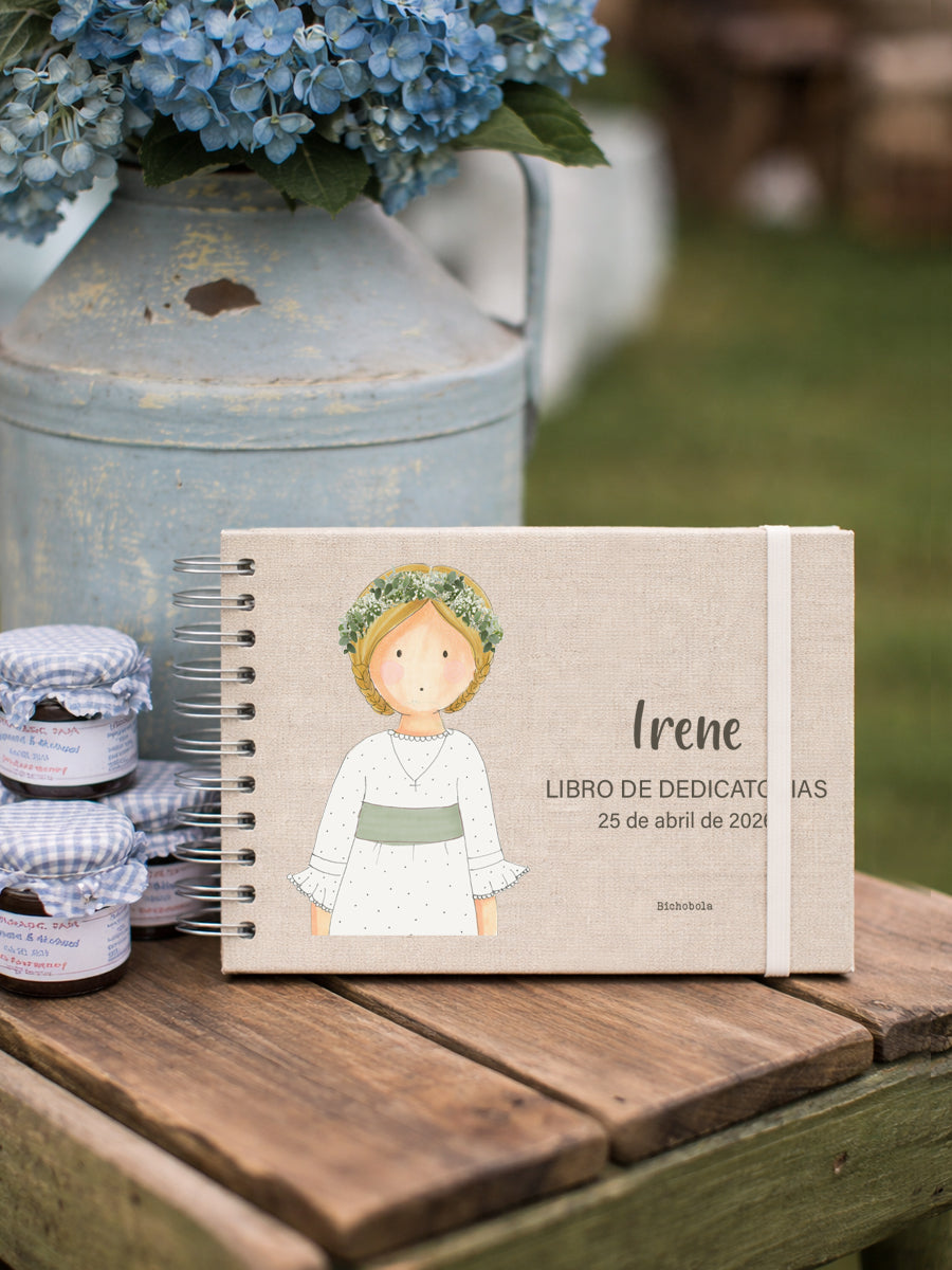 Libro de dedicatorias Primera Comunión personalizable con nombre Greta diseño plumeti
