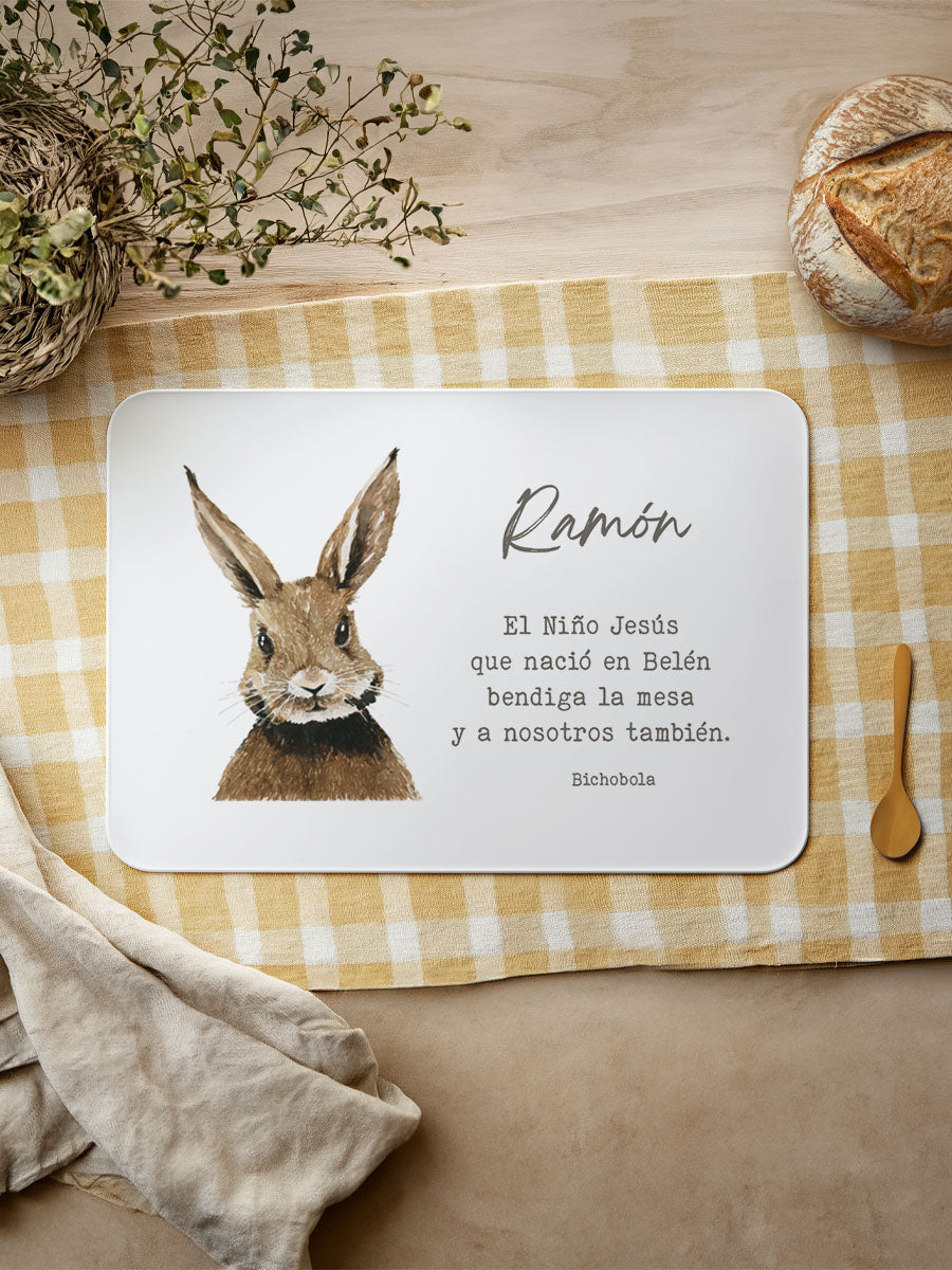 Mantel individual personalizado con diseño conejo y bendición para niños
