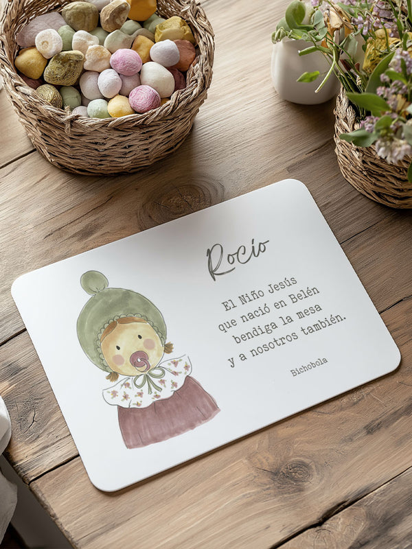 Mantel individual antimanchas personalizado con diseño Inés y bendición para niños
