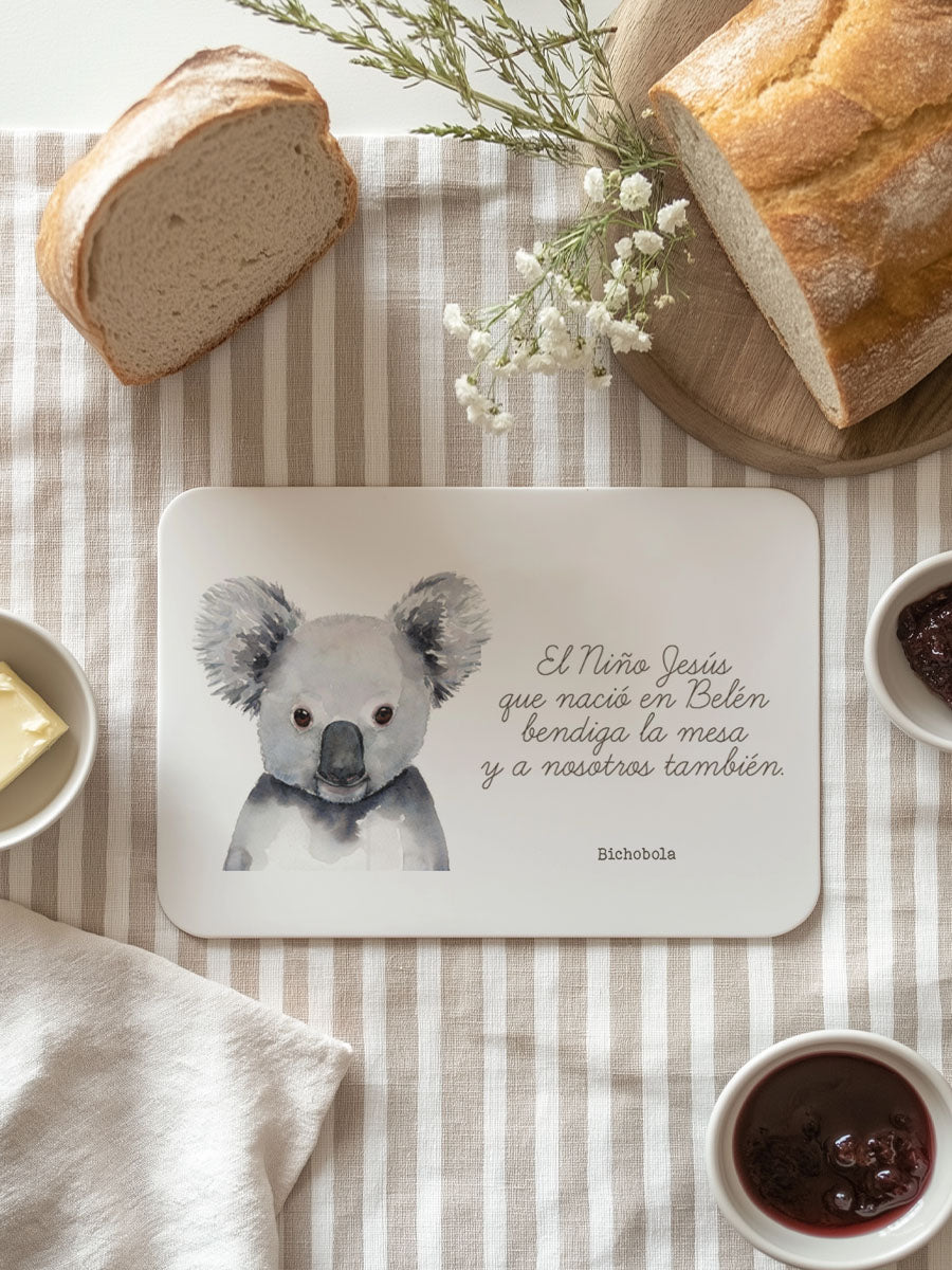 Mantel individual antimanchas con diseño koala y bendición para niños.
