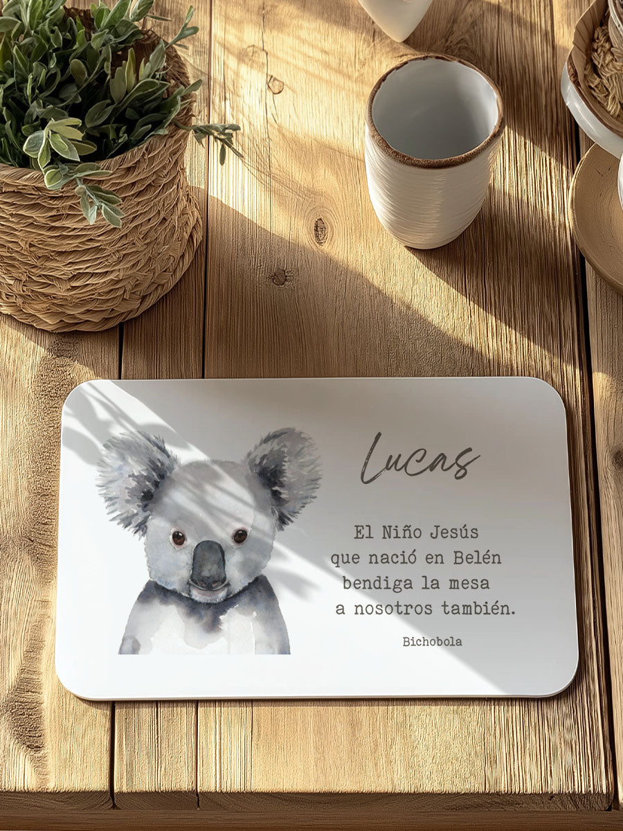 Mantel individual antimanchas personalizado con diseño koala y bendición para niños
