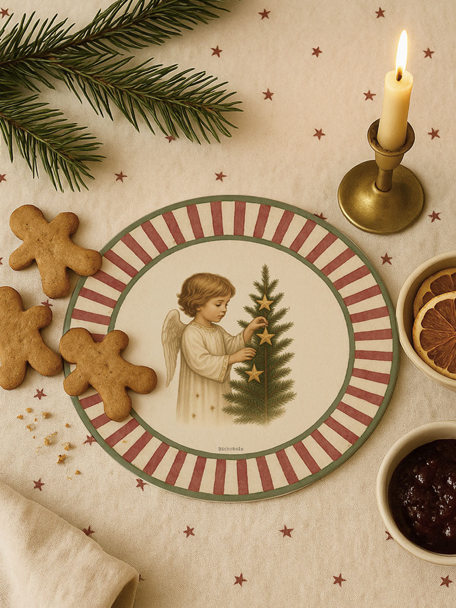 Mantel individual redondo con diseño de ángel navideño y rayas