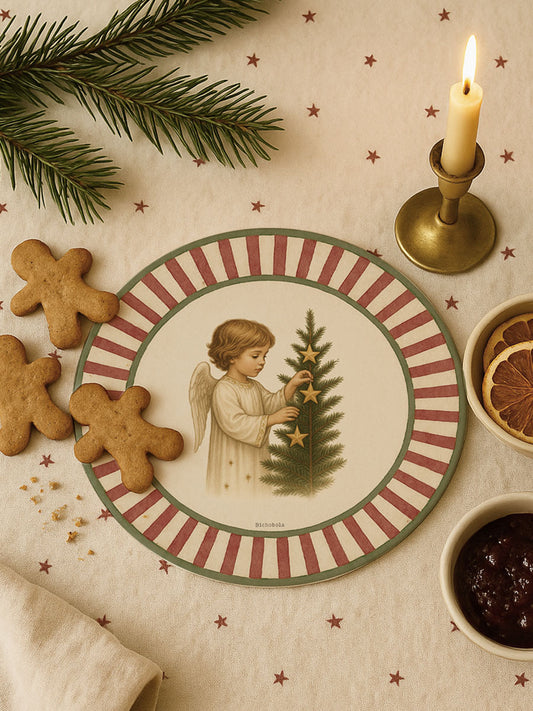Mantel individual redondo con diseño de ángel navideño y rayas