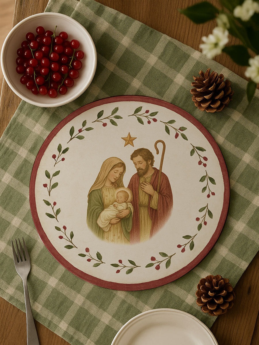 Mantel redondo navideño con diseño de Sagrada Familia y bayas - 38cm