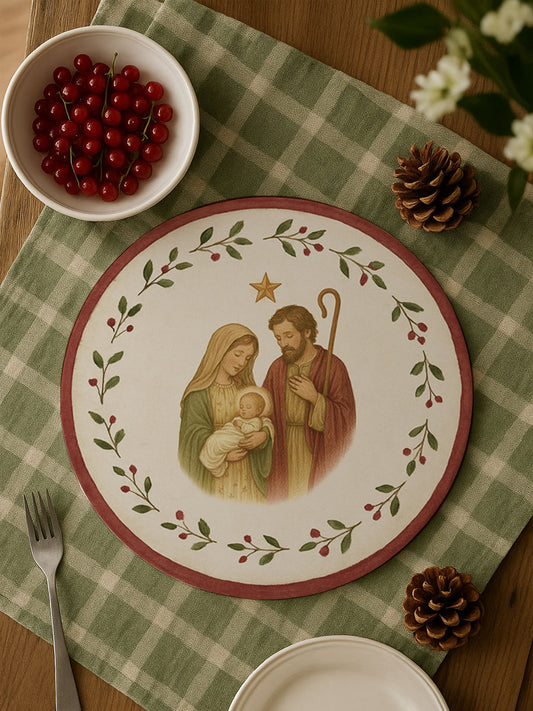 Mantel redondo navideño con diseño de Sagrada Familia y bayas - 38cm